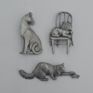 JJ Jonette Jewelry Brooch Pin Kitten Kitty Cat York Pewter Metal Silver Tone Set